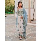 White Blue Hand Block Printed Cotton Dobby Suit- Set of 3