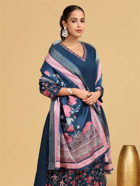Navy Blue Floral Embroidered A-Line Ethnic Set – Cotton Culture