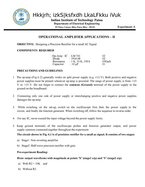EXPT. No. 6 Operational Amplifier Applications – II - Hkkjrh; izkS ...
