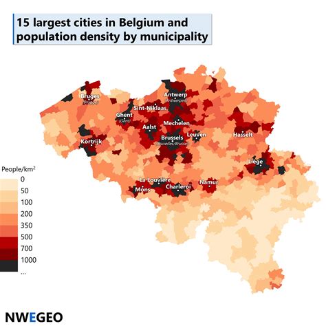 Belgium map: population density and the 15 largest cities - NWEGEO
