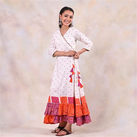 Buy White Bandhani Angrakha Yoke Dress | Rustorange