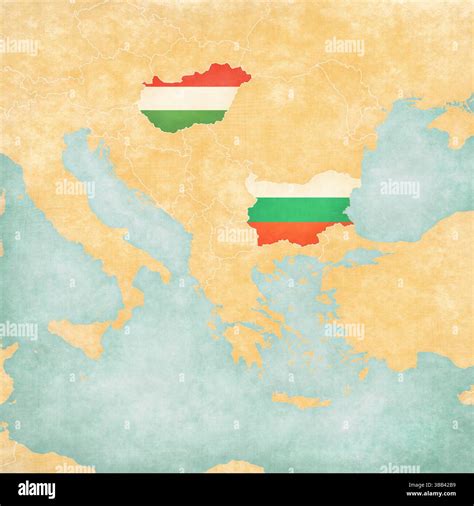 Bulgaria and Hungary on the map of Balkans in soft grunge and vintage style, like old paper with ...