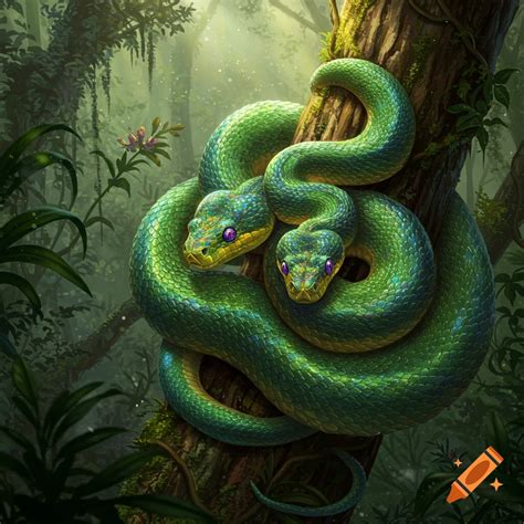 Two vibrant green snakes with purple eyes coiled around a tree trunk in a lush, sunlit jungle ...