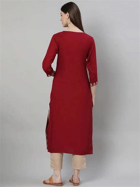 Buy Maroon Embroidered Rayon Straight Kurta With Trousers Online at Rs ...