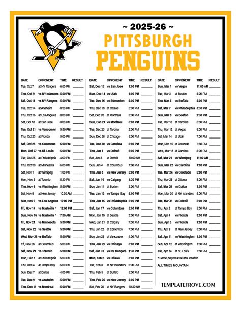 Printable 2025-2026 Pittsburgh Penguins Schedule