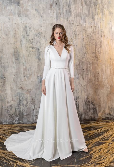 Shimmery Beaded Deep V-neck Long Sleeve Satin Bridal Gown - Lunss