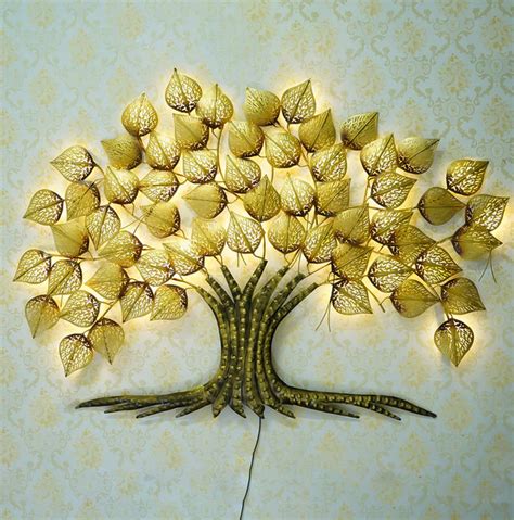 Brown and Golden Leaves Tree Iron Wall Hanging Decor with background L ...