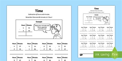 Subtraction Of Hours And Minutes With No Renaming Worksheet