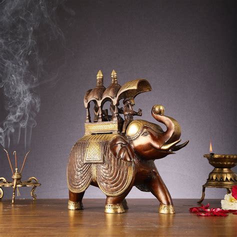 Buy Brass Superfine Antique Brown Ambari Elephant with trunk up statue ...