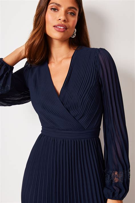 Buy Lipsy Navy Blue Long Sleeve Pleated Lace V Neck Midi Dress from the ...