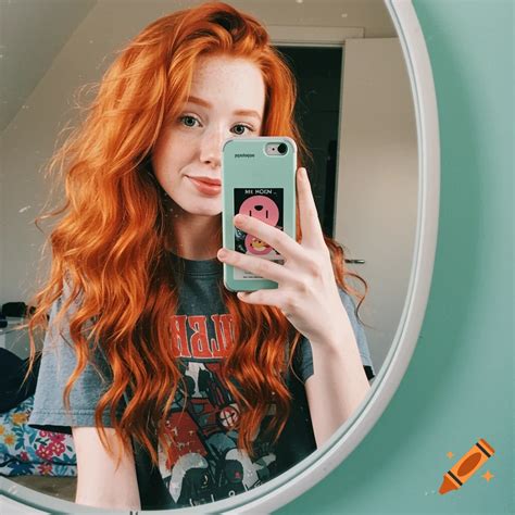 Young woman with red hair takes a mirror selfie holding her phone. on ...