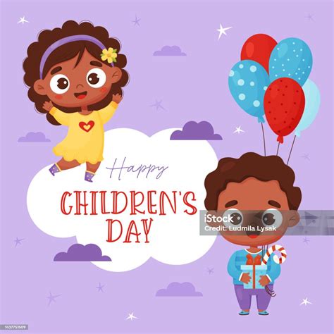 Kids Poster Happy Childrens Day Cute Cartoon Black Ethnic Girl And Boy ...