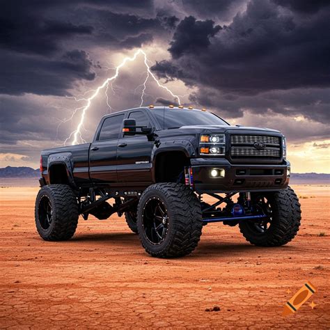 A large black lifted pickup truck with huge tires sits in a desert under a stormy sky with ...
