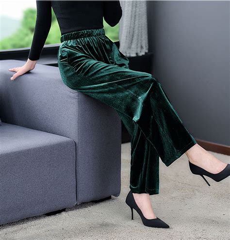 Velvet Pants Women's Green Straight Leg Trousers Plus Size Wide Leg ...
