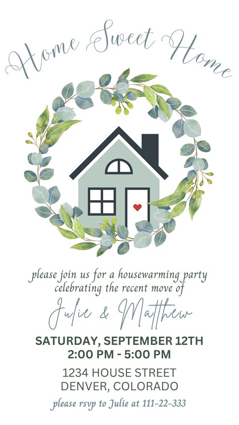Housewarming party invitation watercolor leaf wreath home sweet home ...