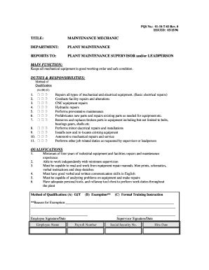 Fillable Online TITLE MAINTENANCE MECHANIC DEPARTMENT PLANT MAINTENANCE ...