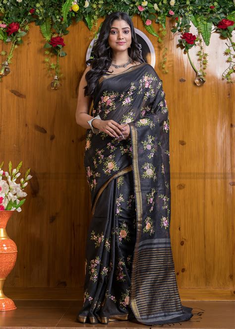 Black Resham Handwoven Silk Linen Saree – Monamaar