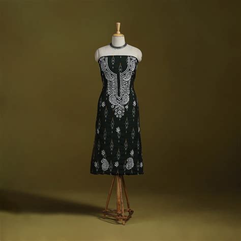 Black Lucknowi Chikankari Work Pochampally Ikat Unstitched Kurta Material