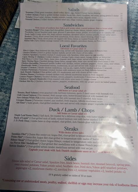 Menu at Spankies pub & bar, Cookeville