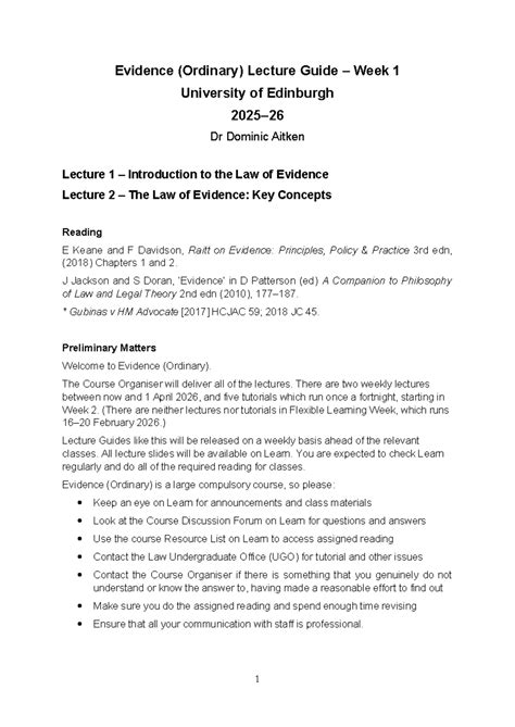 Evidence (Ordinary) Lecture Guide: Week 1 Overview - 2025-26 - Studocu