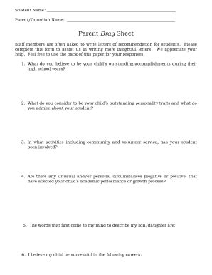 Fillable Online Student brag sheet for teachers - Common Application ...