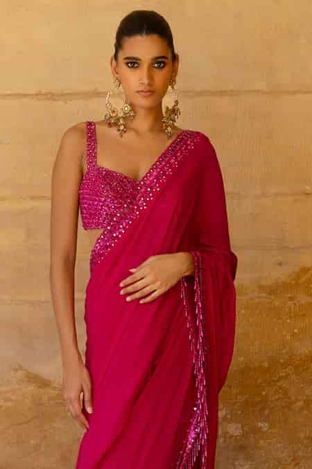Buy Pink Georgette Sequins, Cut Work, Mirrors Border Embellished Saree ...