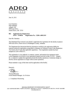 Fillable Online adeq state ar RE: Application for Registration AFIN: 72 ...