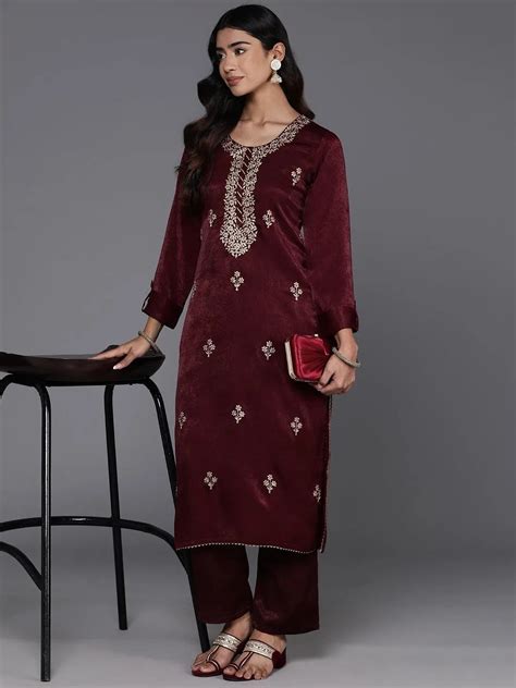 Buy Maroon Embroidered Polyester Straight Kurta Set Online at Rs.1664 ...