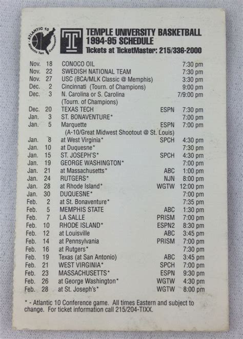 CBK 1994-95 Temple University Basketball Pocket Schedule Card -- ez ...
