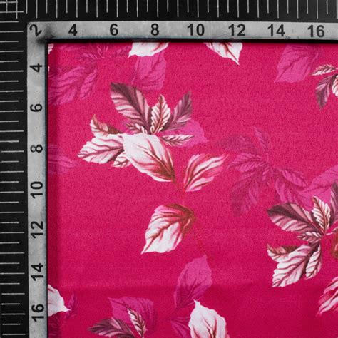 Magenta Pink Leaf Pattern Digital Print Charmeuse Satin Fabric (Width ...