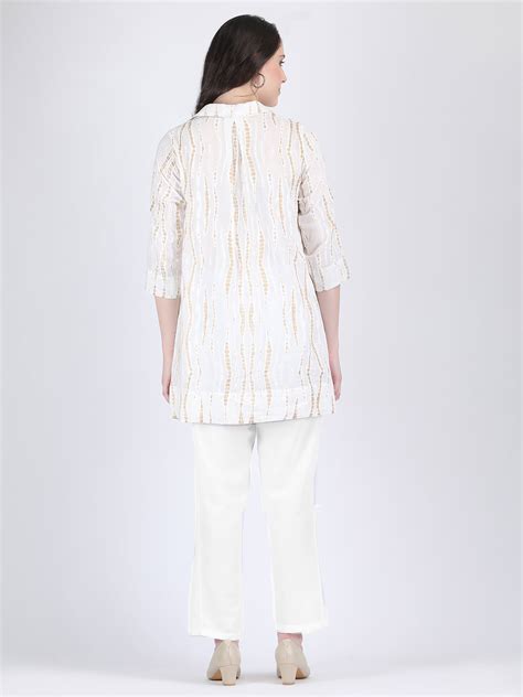 COTTON A LINE TUNIC CUM SHORT DRESS WITH WHITE AND GOLD PATTERN ...