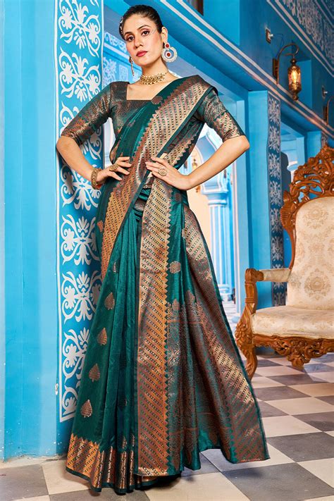Prominent Rama Banarasi Silk Saree With Blissful Blouse Piec