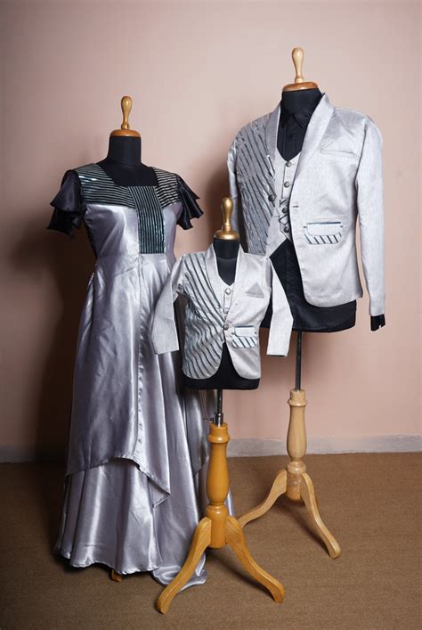 Silver & Black Family Matching Outfit – Satin Gown, Striped Blazer Set ...