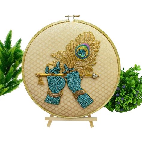 Lord Krishna Hands Flute & Feather. Handmade Hoop Art - Etsy India