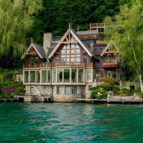 Beautiful modern luxury lake house architecture design | Premium AI ...