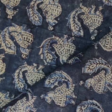 Pure Mul Cotton Extra Soft Kalamkari Indigo With Peacock Motif Hand Bl ...