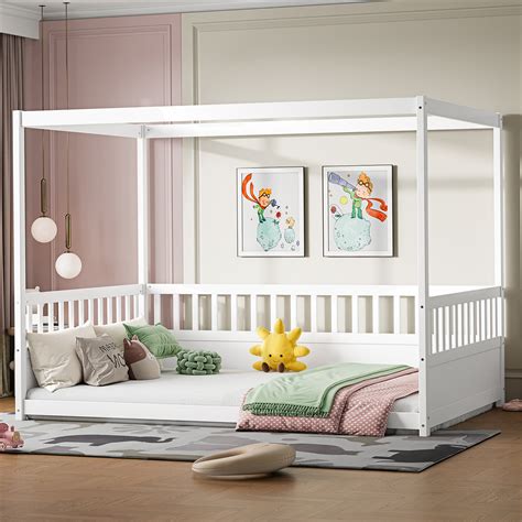 Harriet Bee Full Size Canopy Bed Frame with Guardrails for Kids,Floor ...