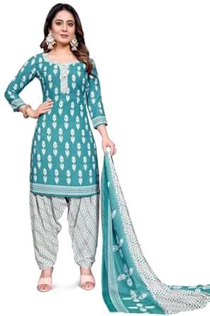 Rajnandini Women's Teal Cotton Blend Printed Unstitched Salwar Suit ...