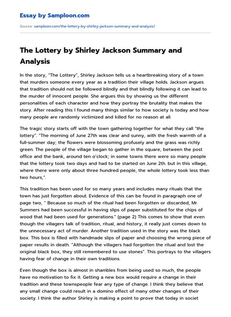 The Lottery by Shirley Jackson Summary and Analysis Argumentative Essay ...
