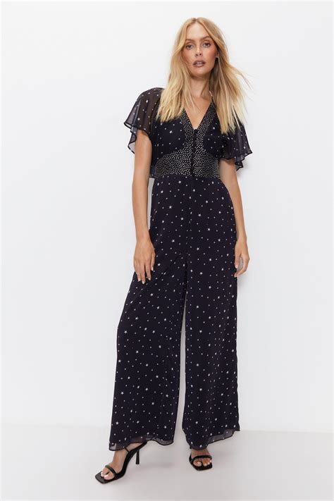 Jumpsuits | Diamante Star Print Short Sleeve Jumpsuit | Warehouse ...