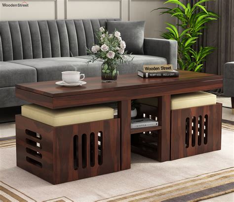 Buy Petlin Sheesham Wood Coffee Table with 2 Seating Stools (Walnut ...