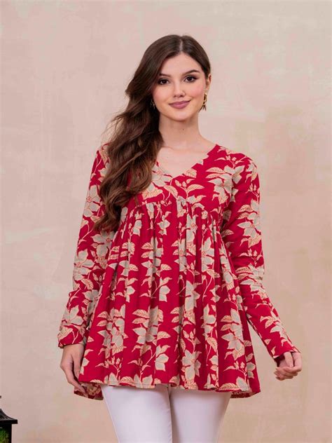 Red Pure Cotton Printed V-Neck Full Sleeves Hip Length Flared Top ...