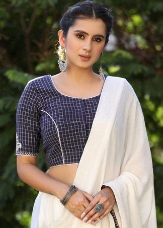 Elegant Navy Blue Checks Blouse with Exquisite Embroidered motif on Ba ...