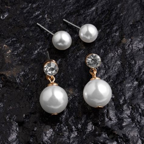 Accessorize London Women's Gold Tiny Pearl Stud And Short Drop Earring ...