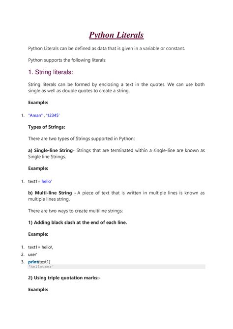 Python Literals - LECTURE NOTES - Python Literals Python Literals can ...