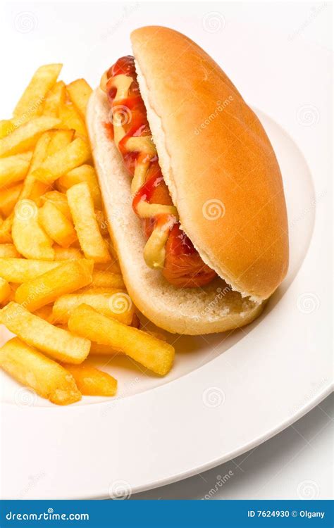 Hot Dog with Mustard, Ketchup and Fries Stock Photo - Image of relish ...