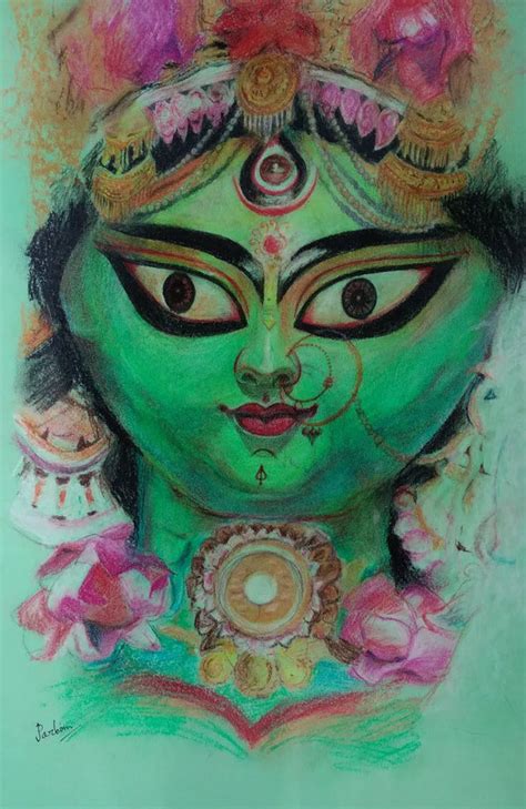 Durga Portrait: Green Religious drawing by Parboni Roy Ghosh – ArtZolo.com