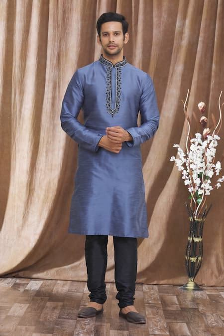 Buy Grey Banarasi Art Silk Embroidered Mirror Work Placket Kurta And ...