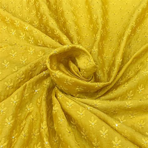 Yellow Flower Butti Slub Silk Sequins Thread Embroidery – Saroj Fabrics