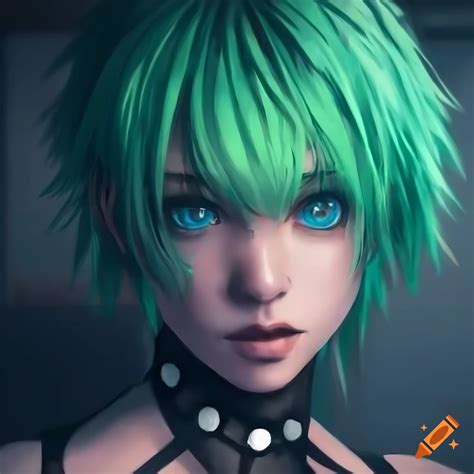 Detailed portrait of a green-haired anime character in a garage on Craiyon